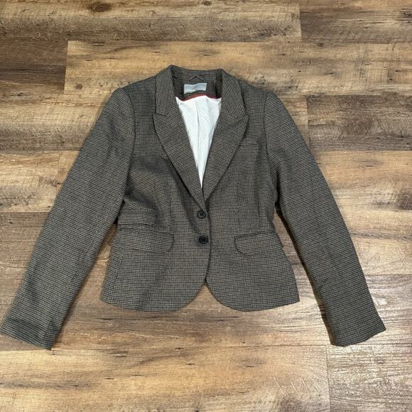 H & M Fitted Notched Lapel Brown Black Houndstooth Jacket Blazer 10 Academia - Picture 1 of 11